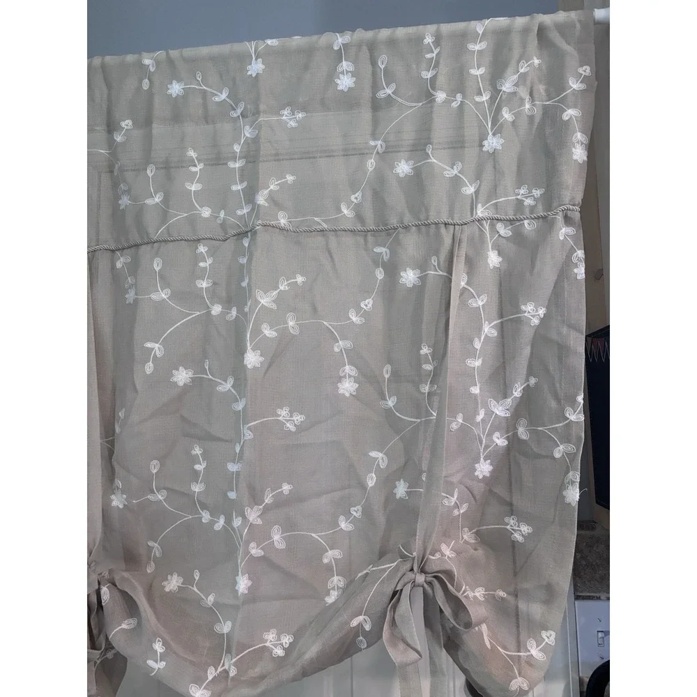 Curtain Panels (2) Sheer Beige White Embroidered Balloon Style‎ 39x63 Boho Girly